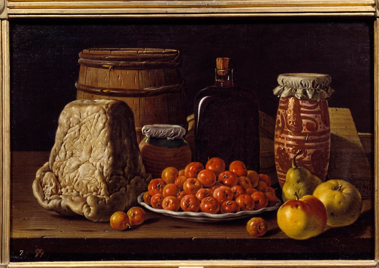 Juusto, hedelmät ja vastaanottaja. Luis Melendezin (1716 - 1780) maalaus, espanjalainen koulu tekijältä Luis Egidio Menendez or Melendez