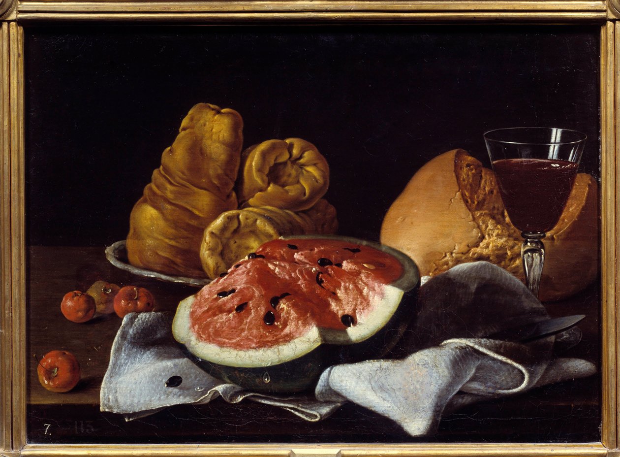 Pastekki, leipä, kakku ja viinikuppi. Luis Melendezin (1716 - 1780) maalaus, espanjalainen koulu tekijältä Luis Egidio Menendez or Melendez