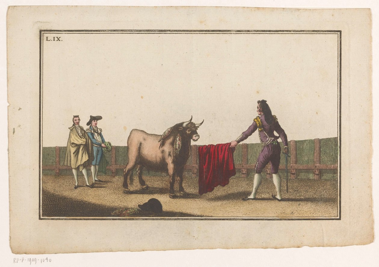 Matador haastaa härän Coleccion de las Principles suertes de una corrida de toros (sarjan nimi) Kokoelma tärkeimmistä härkätaisteluharjoituksista (sarjan nimi) tekijältä Luis Fernandez Noseret