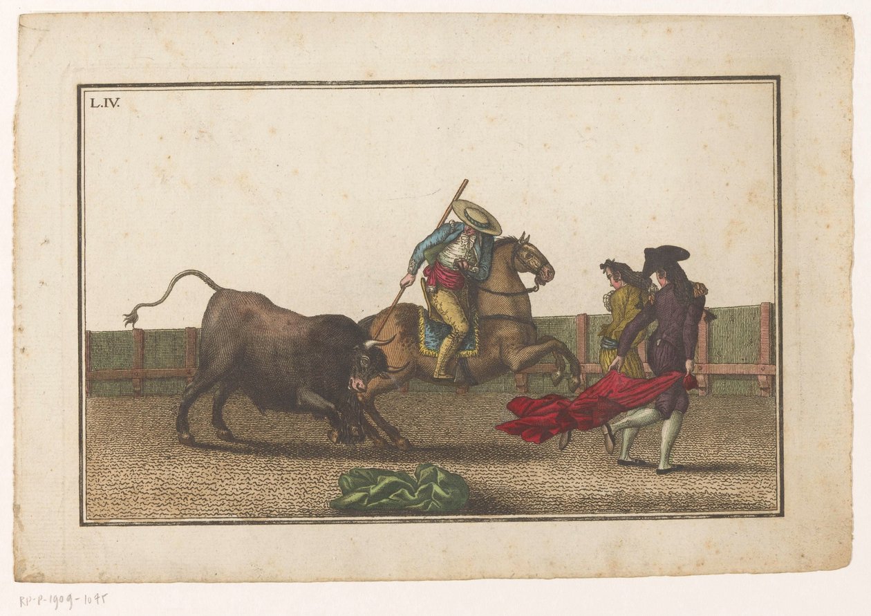 Picador pistää keihänsä härään Coleccion de las Principles suertes de una corrida de toros (sarjan nimi) Kokoelma tärkeimmistä härkätaisteluharjoituksista (sarjan nimi) tekijältä Luis Fernandez Noseret