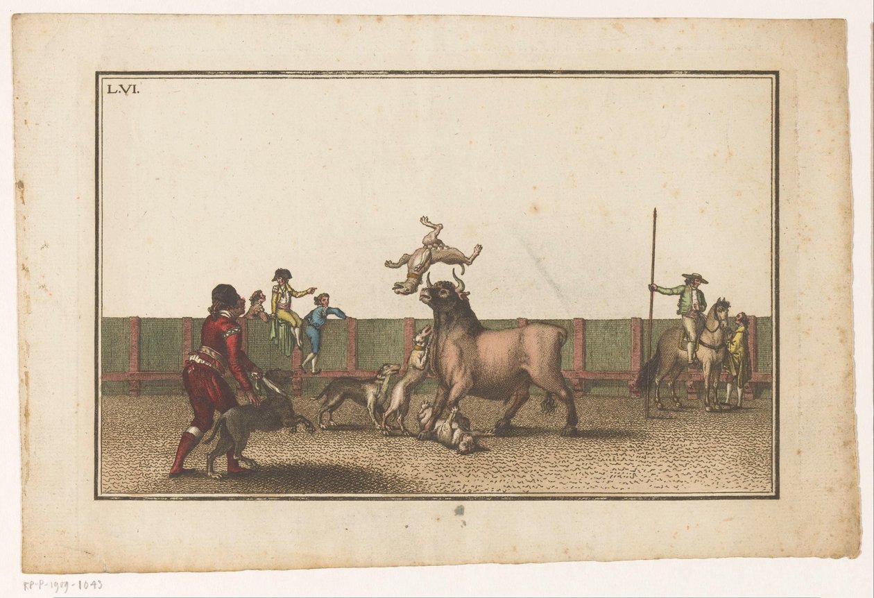Koirien hyökkäämä härkä Coleccion de las Principles suertes de una corrida de toros (sarjan nimi) Kokoelma tärkeimmistä härkätaisteluharjoituksista (sarjan nimi) tekijältä Luis Fernandez Noseret