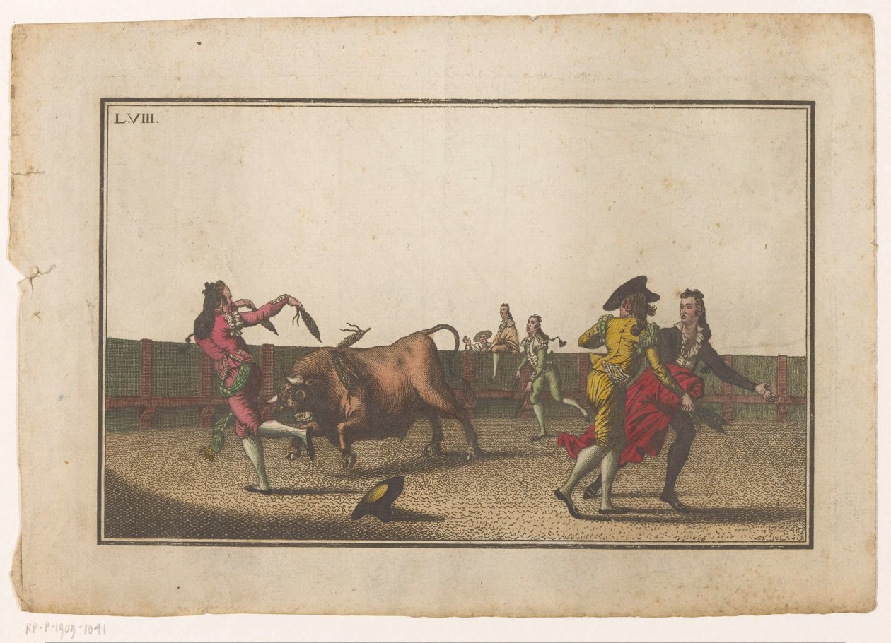 Härkä haastaa banderillat Coleccion de las Principles suertes de una corrida de toros (sarjan nimi) Kokoelma tärkeimmistä härkätaisteluharjoituksista (sarjan nimi) tekijältä Luis Fernandez Noseret
