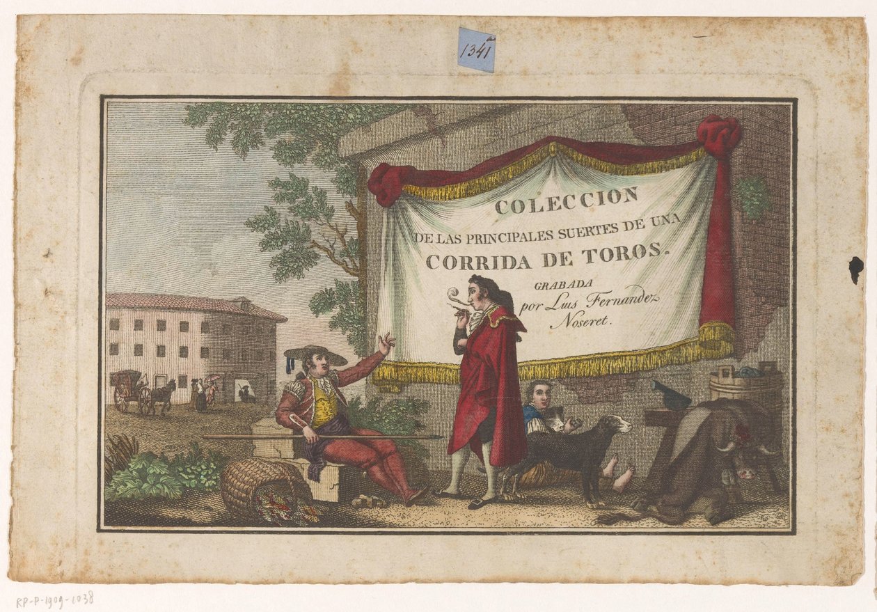 Otsikkopainatus härkätaistelijoilla ja härkänahalla Coleccion de las Principles suertes de una corrida de toros (sarjan nimi esineellä) Kokoelma tärkeimmistä härkätaisteluharjoituksista (sarjan nimi) tekijältä Luis Fernandez Noseret