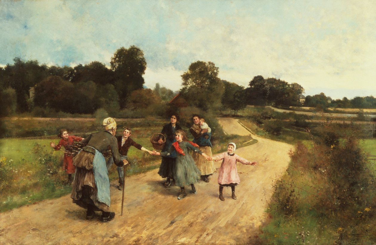 Isoäidin tapaaminen, n. 1900 (öljy kankaalle) tekijältä Luis Jimenez y Aranda