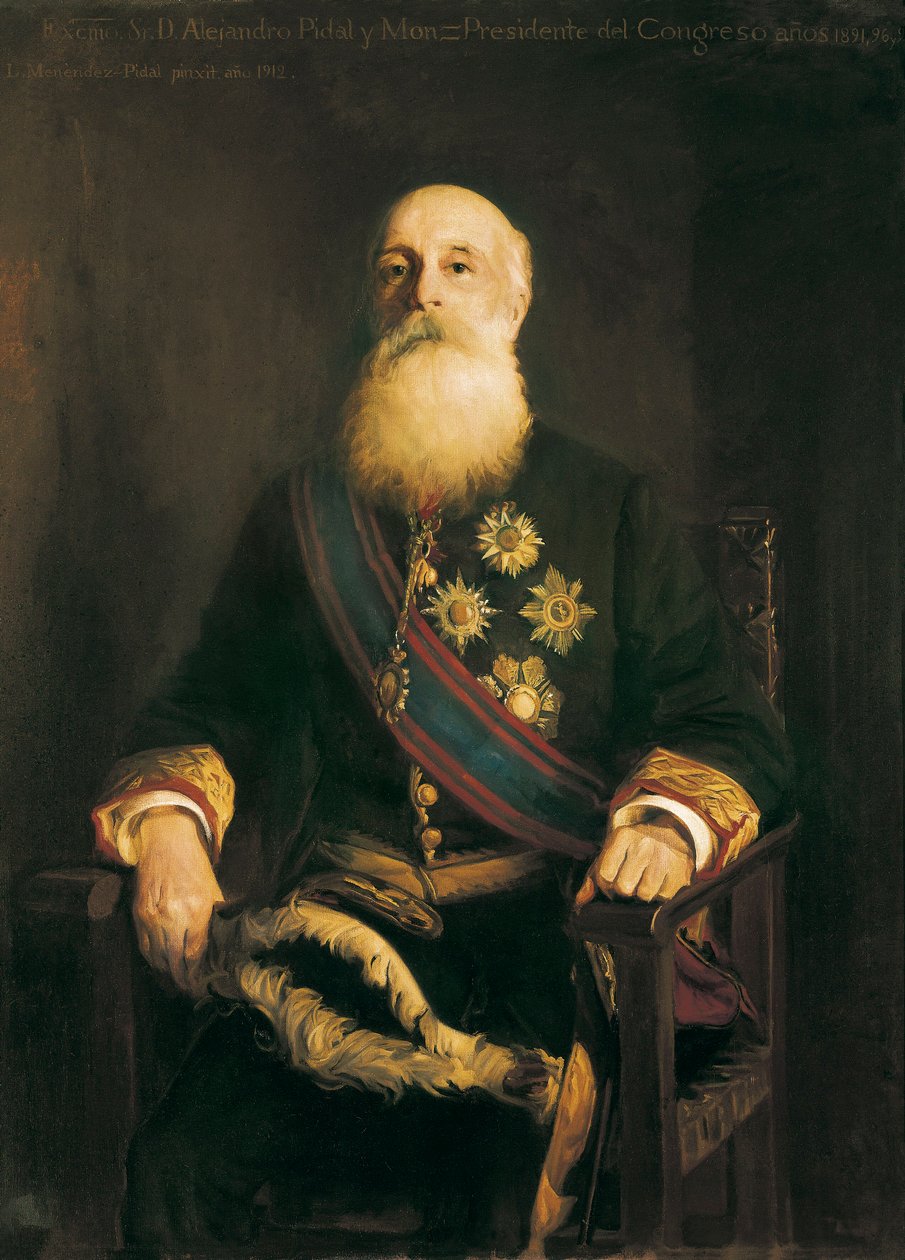 Muotokuva Alejandro PIDAL Y MON:sta (1846-1913), espanjalainen poliitikko ja katolisen liiton jäsen. Luis Menendez Pidalin (1861-1932) maalaus tekijältä Luis Menendez Pidal
