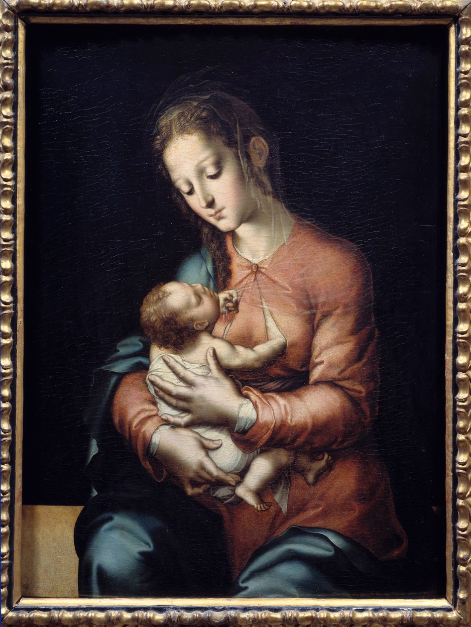 Luis de Moralesin (1500-1586) maalaus Neitsyt ja lapsi, 1500-luvun aurinko. 0,84 x 0,64 m Madrid, Prado-museo tekijältä Luis de Morales
