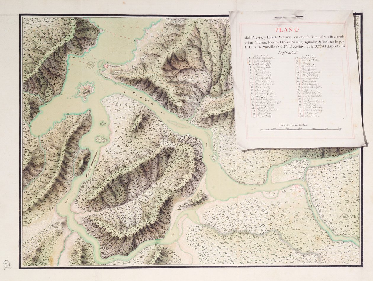 Valdivia-joen ja sen ympäristön kartta, Chile tekijältä Luis de Surville