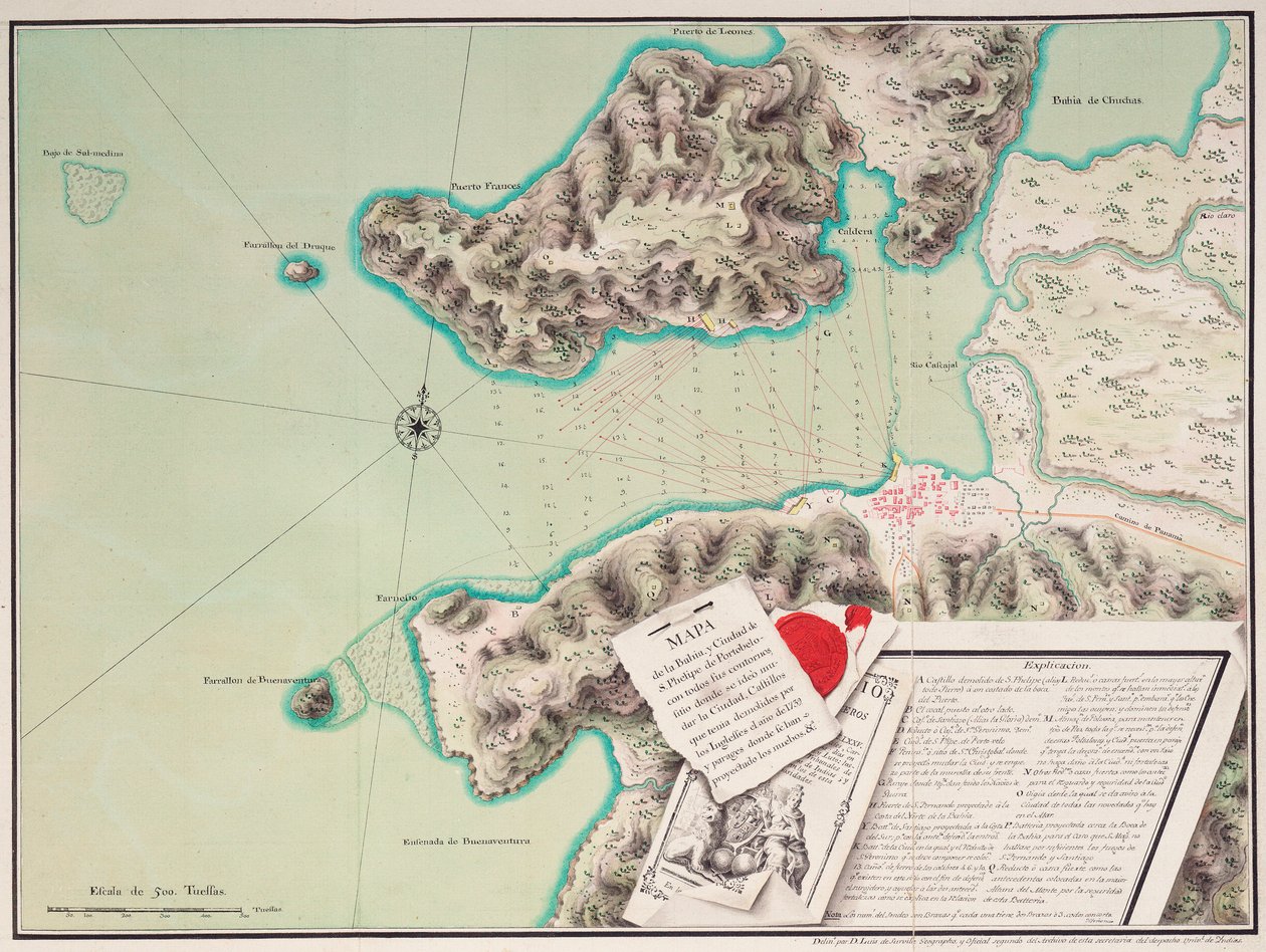 S. Phelipe de Portobelon lahden ja kaupungin kartta. tekijältä Luis de Surville