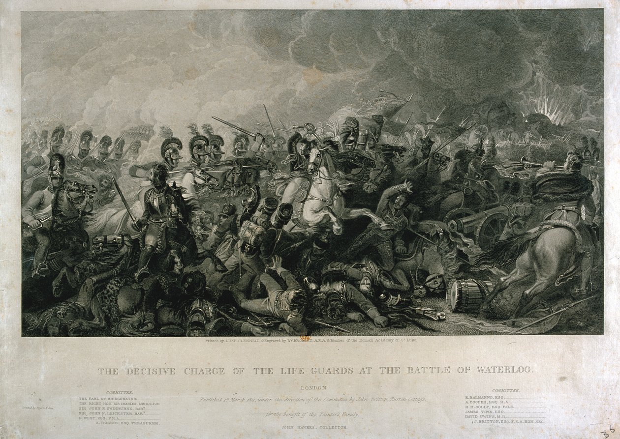 The Decisive Charge of the Life Guards at Waterloo in 1815, kaiverrettu William Bromleyn toimesta, 1821 (käsin väritetty kaiverrus). tekijältä Luke Clennell