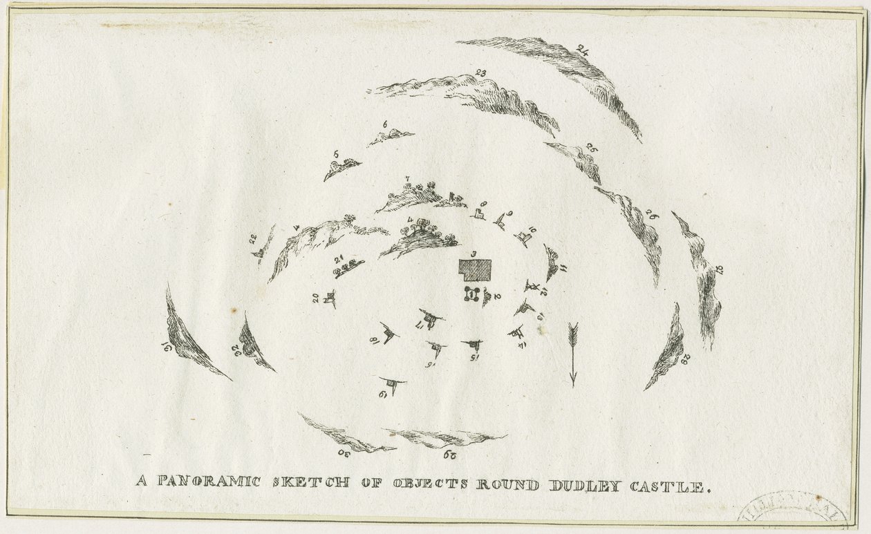 Dudley - Panoraama Dudleyn linnan alueesta: litografia, nd [n. 1825] (painettu) tekijältä Luke Booker