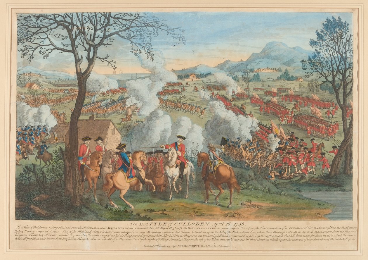 "Cullodenin taistelu 16. huhtikuuta 1746" (viivakaiverrus, värillinen) tekijältä Luke Sullivan