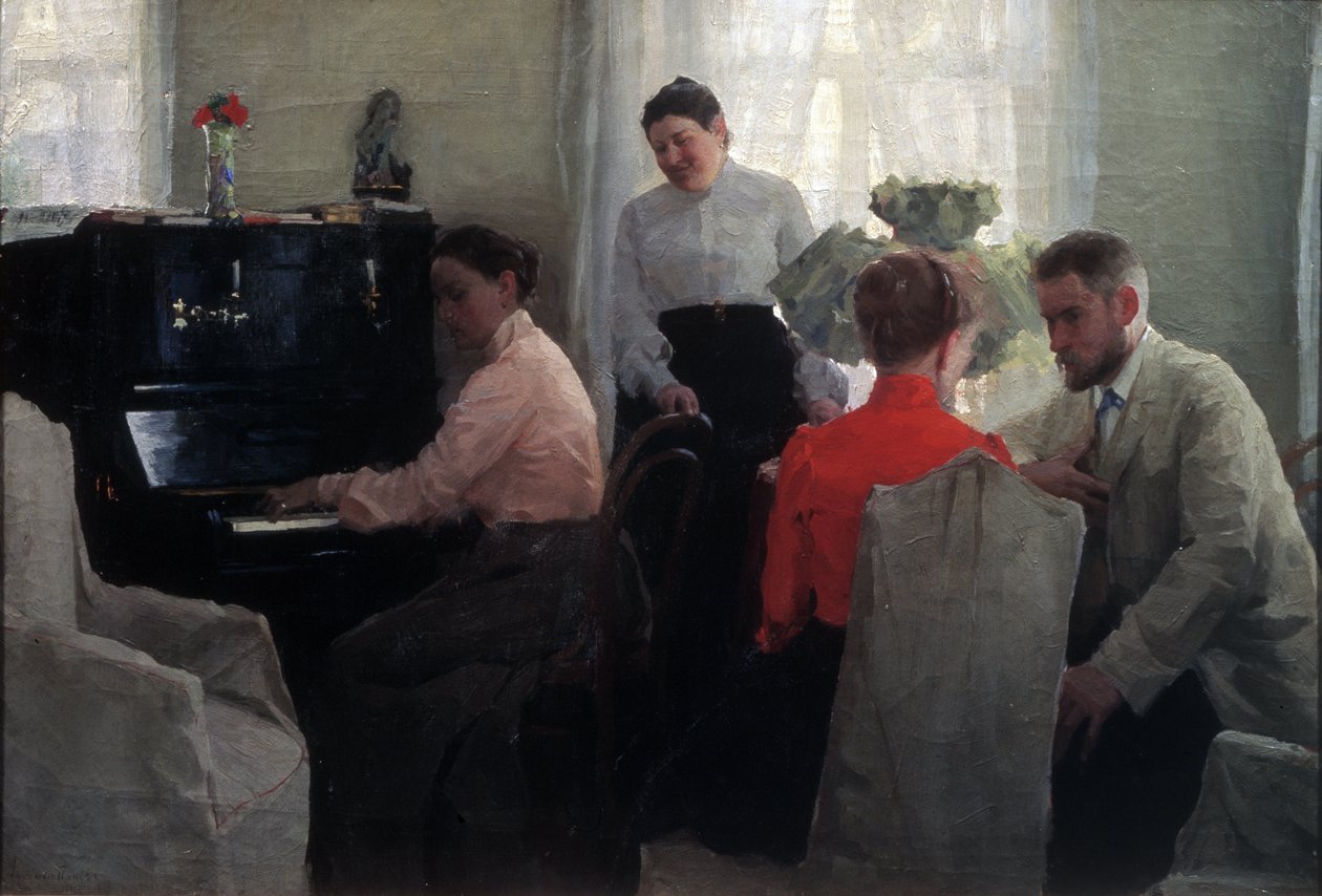 Teeskentelijä (nuori mies, joka seurustelee kahden naispuolisen saattajan valvonnassa, joista toinen soittaa pianoa) (sulhanen) - Lukian Vasilyevich Popovin (1873-1914) maalaus, öljy kankaalle (54x80 cm) tekijältä Lukjan Vasilievich Popov