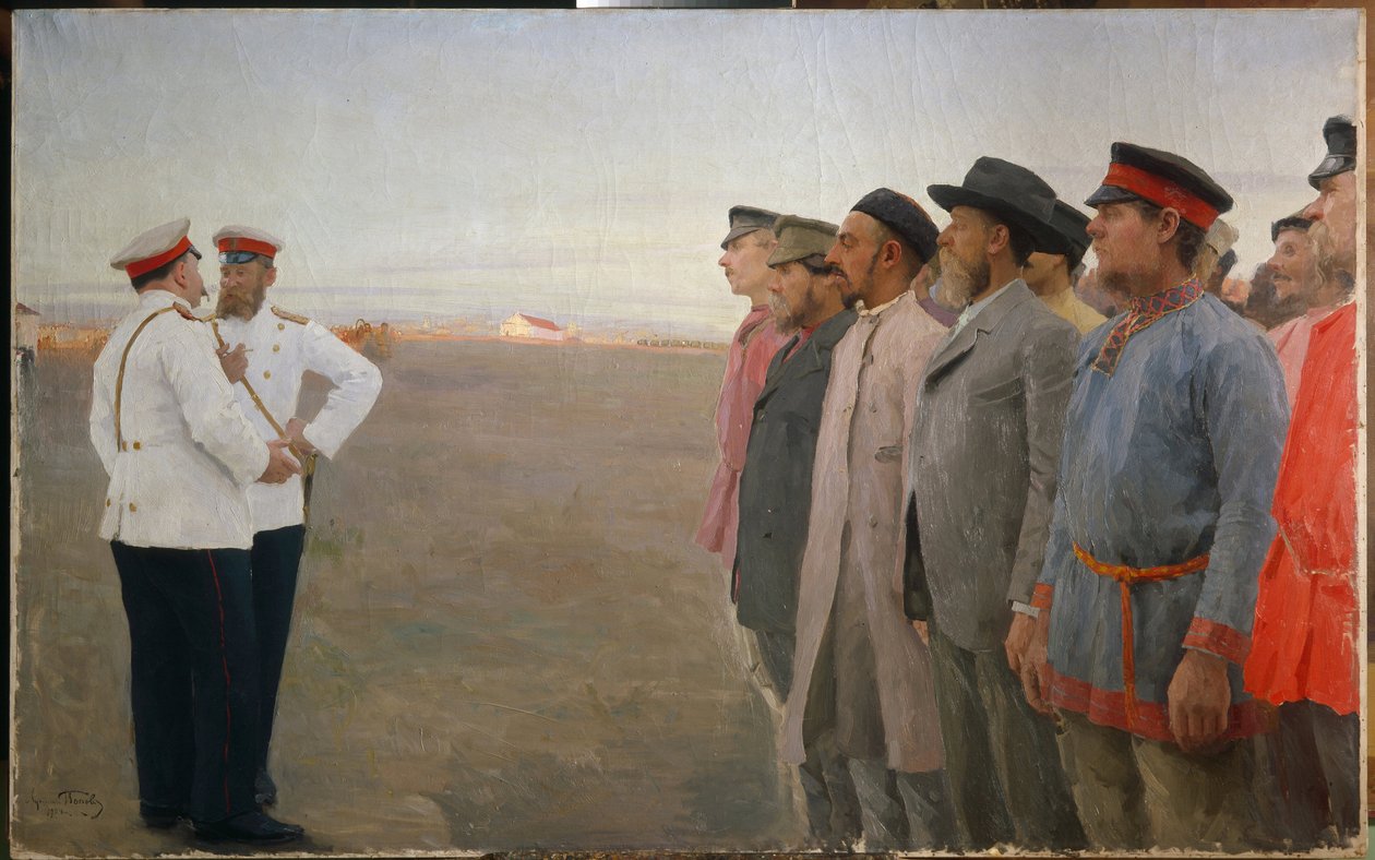Rekrytointi - Lukian Vasilyevich Popovin (1873-1914) maalaus, öljy kankaalle tekijältä Lukjan Vasilievich Popov