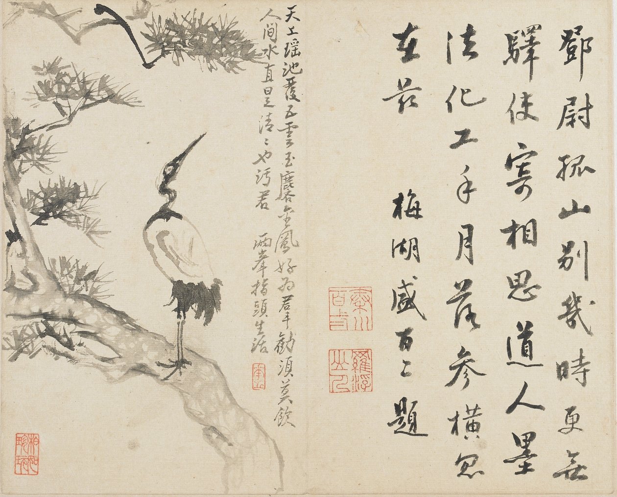 Maisemat, kukat ja linnut: Nosturi männyllä, Qing-dynastia, 1780 (muste paperille) tekijältä Luo Ping