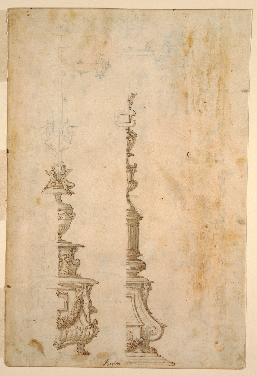 Kaksi mallia alttarin ristijalustalle; verso, Designs for Five Projects tekijältä Luzio Romano