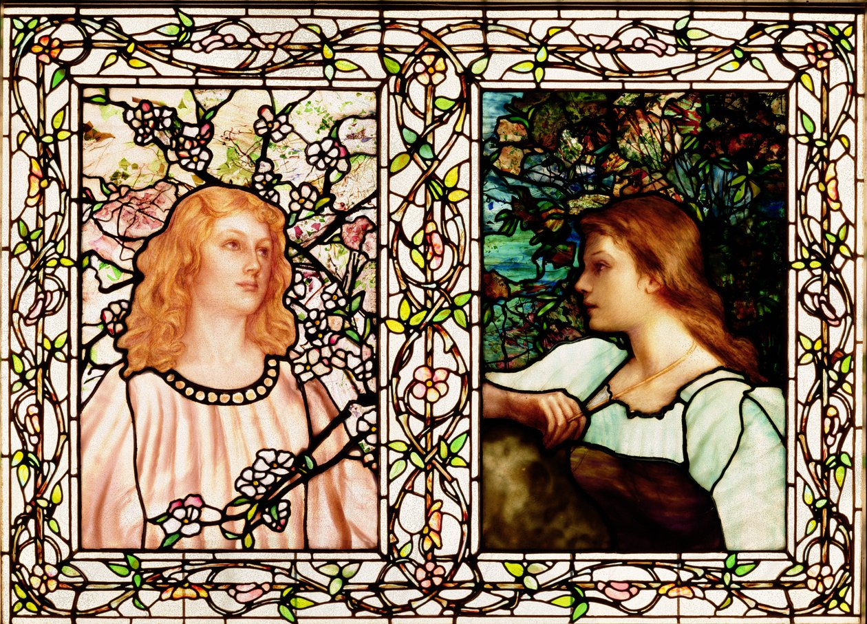 Kevät ja syksy, valmistaja Tiffany Glass & Manufacturing Co., n. 1892 (lyijyllinen lasi) tekijältä Lydia Field Emmett
