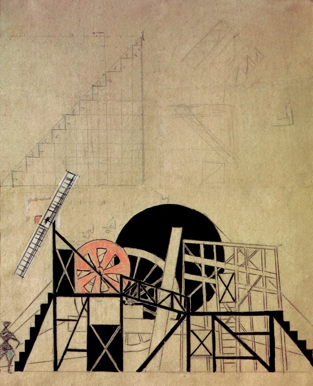 Lavastus F. Crommelynckin näytelmään The Magnanimous Cuckold, Meyerhold Theatre, Moskova, 1922 (wc, intialainen muste, kynä ja kollaasilakka paperille) tekijältä Lyubov Sergeevna Popova
