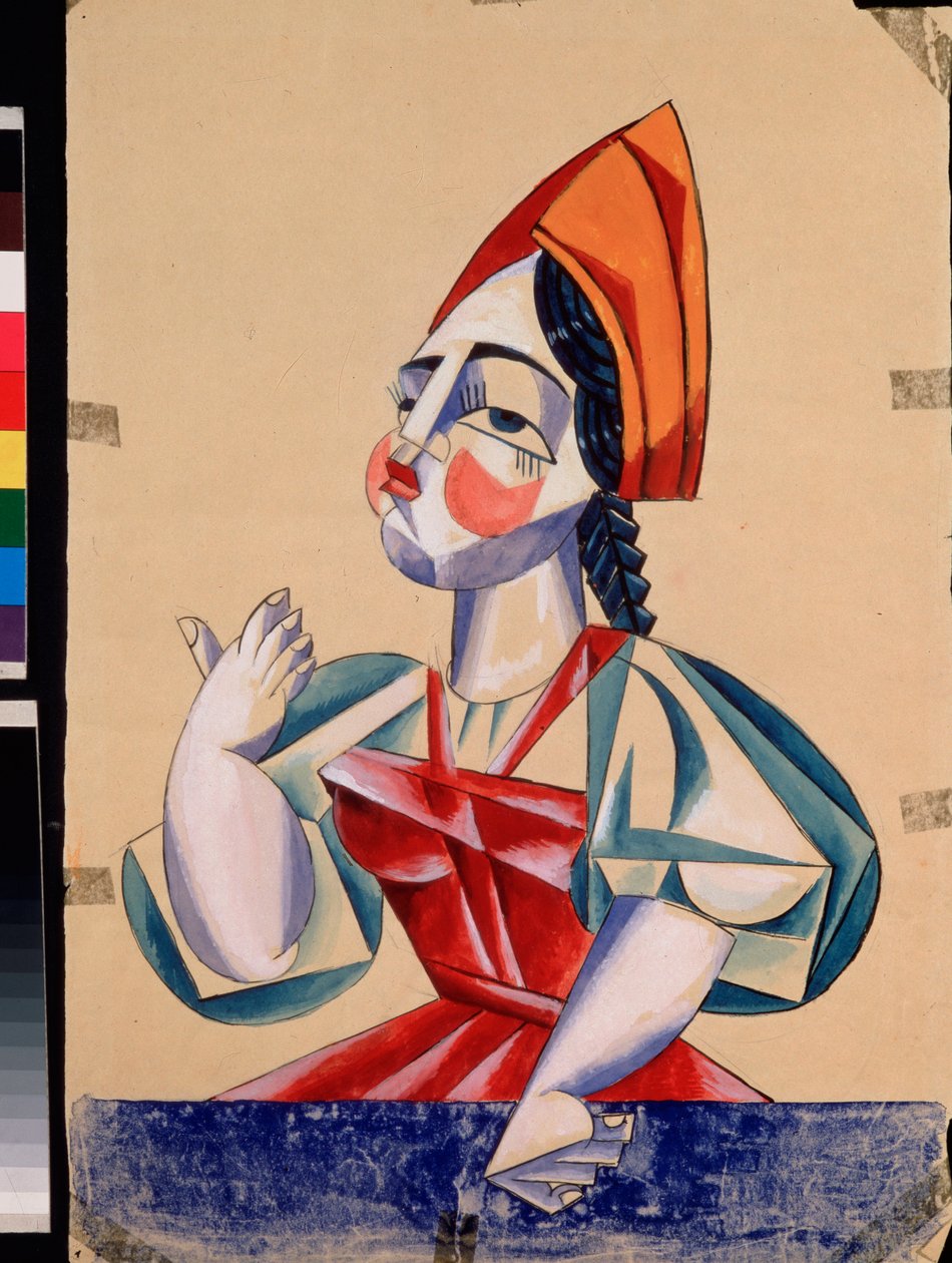 Valmisteleva puku naishahmolle Aleksanteri Pushkinin (1799-1837) näytelmässä "Du pope et de son valet Balda". Ljubovin (Lioubov) Sergejevna Popovan (1889-1924) työ, guassi ja muste paperille tekijältä Lyubov Sergeevna Popova
