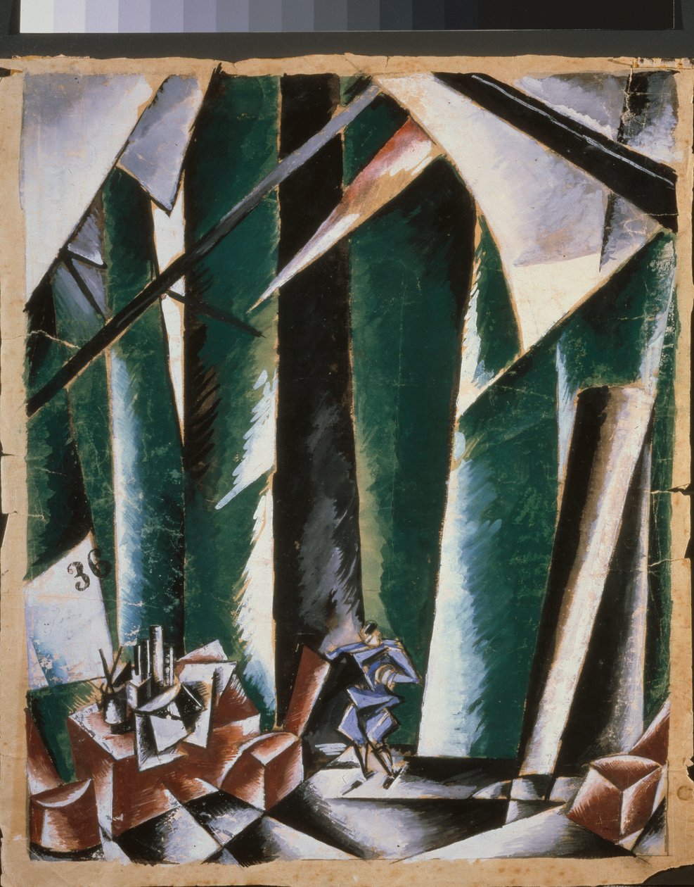 Valmisteleva sisustus näytelmään ""kansleri ja lukkoseppä"". Ljubovin (Lioubov) Sergejevna Popovan (1889-1924) työ, guassi ja muste paperille tekijältä Lyubov Sergeevna Popova