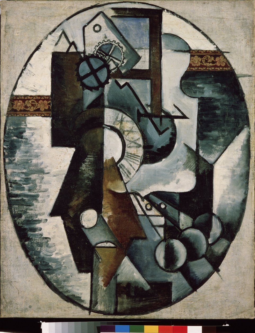 Kello. Ljubovin (Lioubov) Sergejevna Popovan (1889-1924) maalaus, öljy kankaalle ja kollaasi tekijältä Lyubov Sergeevna Popova