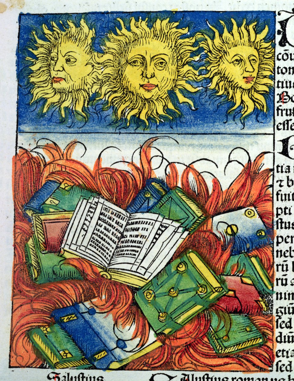 Autodafe of Books in the Middle Ages, kuvitus Hartmann Schedelin (1440-1514) Nürnbergin kronikasta 1493 (värillinen puupiirros) tekijältä M. and Pleydenwurff, W. Wolgemuth