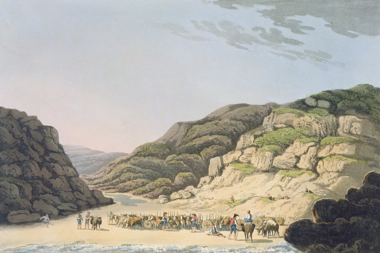 Creek of Maceira, julkaisusta "Maa-, hahmo- ja pukuluonnokset Portugalissa ja Espanjassa, tehty kampanjan aikana ja brittiarmeijan reitillä vuosina 1808 ja 1809", kaiverrettu I. Clark, tekijältä M., Bradford