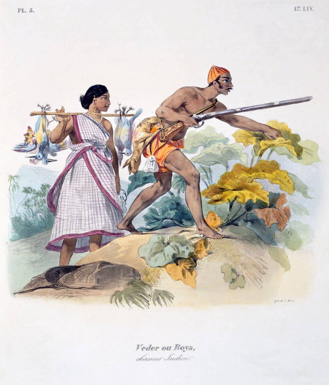 Intialainen metsästäjä musketin kanssa, 1827-35 tekijältä M.E. Burnouf