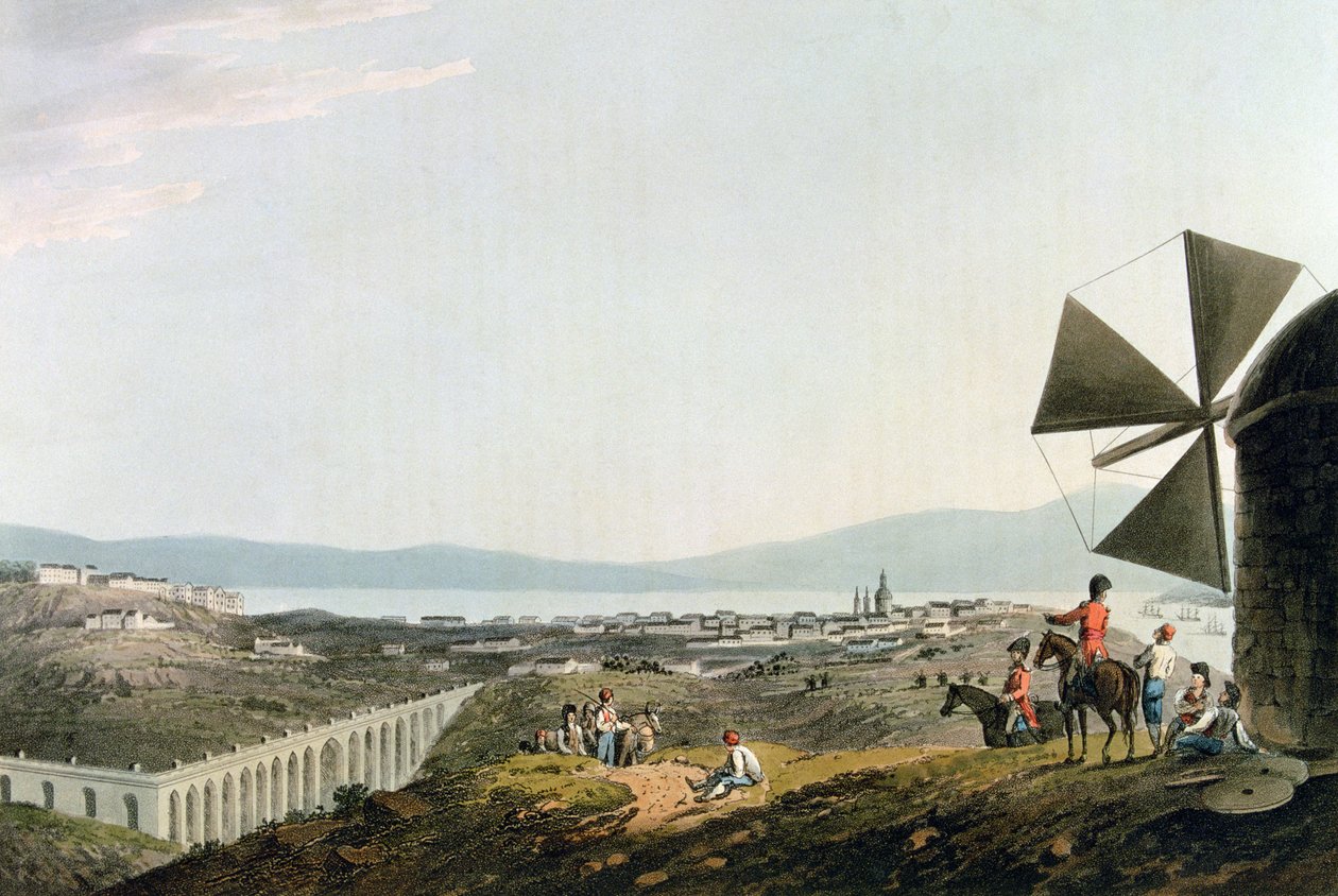 Lissabon ja Alcantaran akvedukti, kaiverrus I. Clark tekijältä M. (after) Bradford