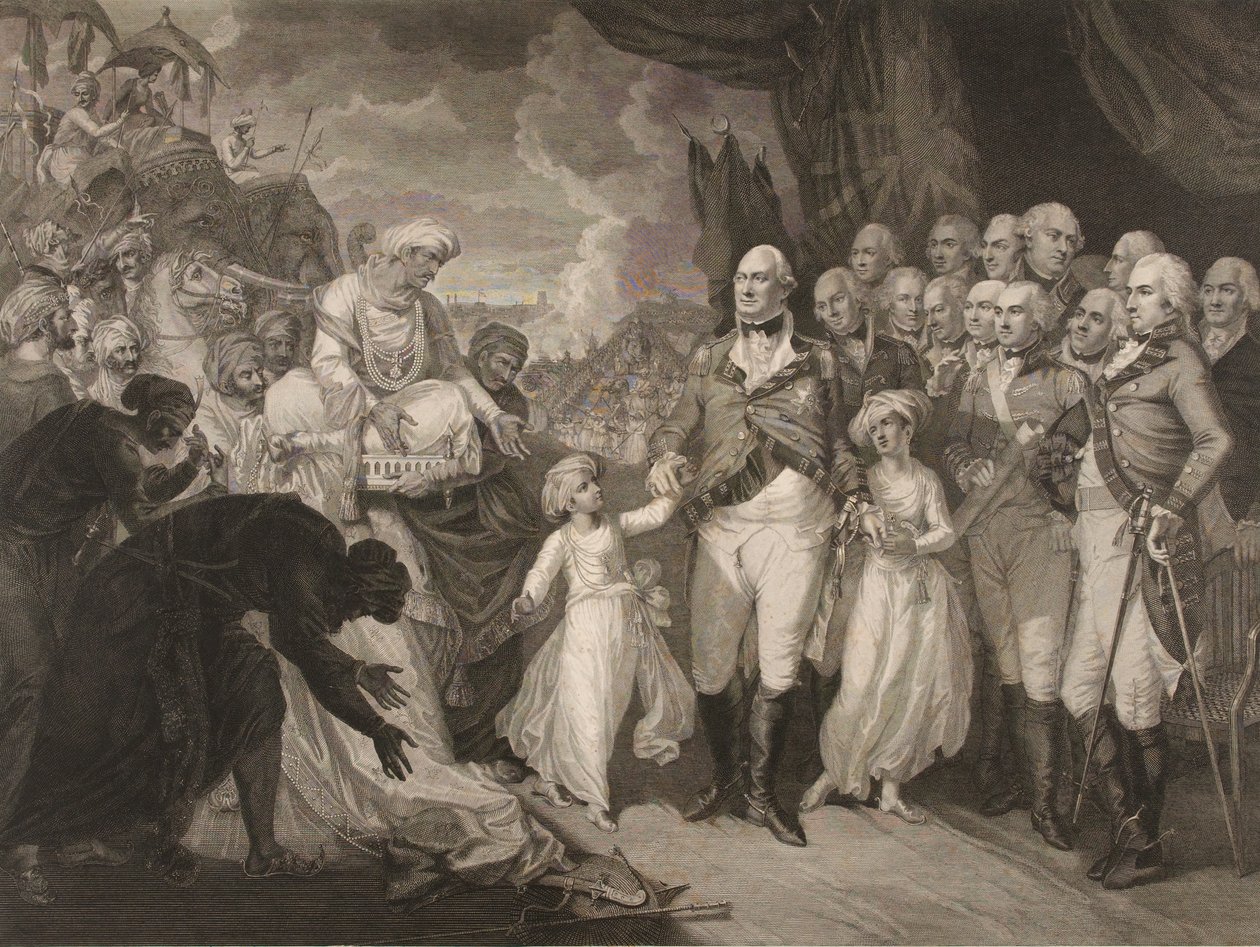 Markiisi Cornwallis ottaa vastaan panttivankiruhtinaat, Tippoo Sultanin pojat tekijältä M. (after) Brown