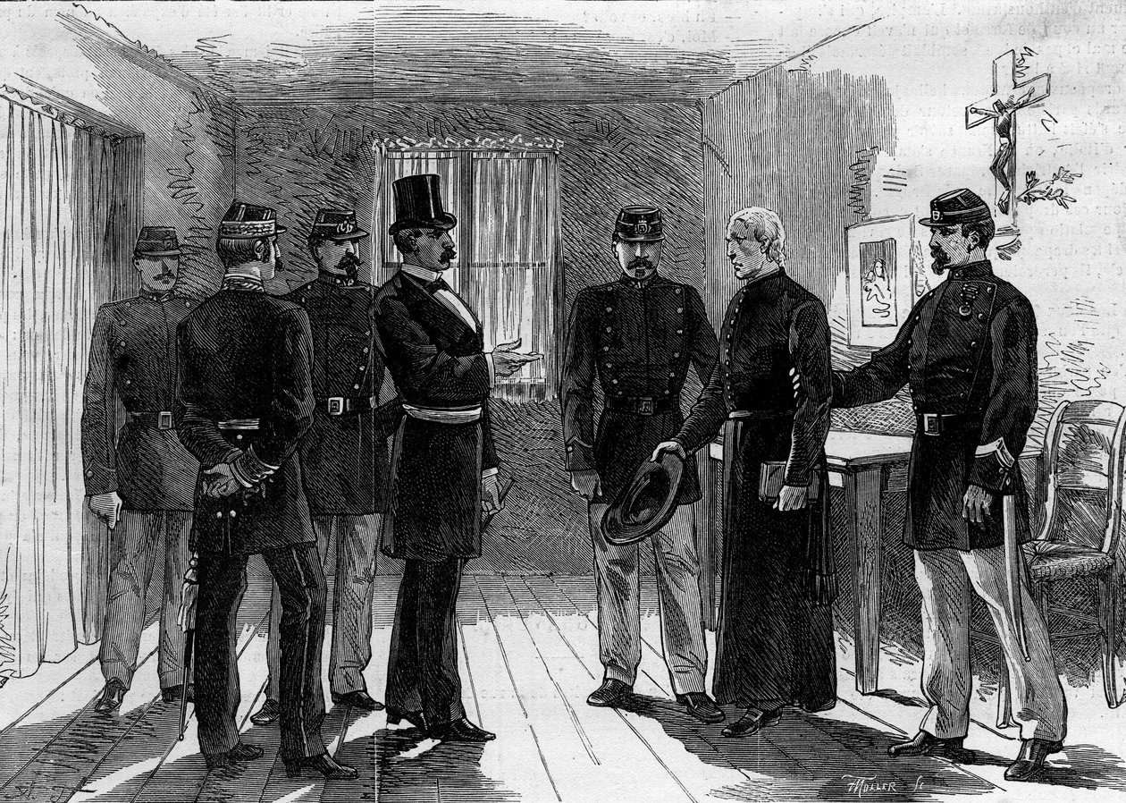 Jesuiittien karkottaminen Pariisin Rue de Sevres -kadulta Jules Ferryn maaliskuussa 1880 antamien asetusten ja luvattomien uskonnollisten seurakuntien jäsenten opettamisoikeuden poistamisen jälkeen: jesuiitta-isä pidätettiin sellissään. 30. kesäkuuta 1880. tekijältä M. (after) Ferdinandus