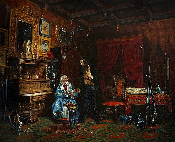 Antiikkihuoneen sisustus keskiaikaisilla huonekaluilla, n. 1838-46 (väri litho) tekijältä M. (after) Renoux