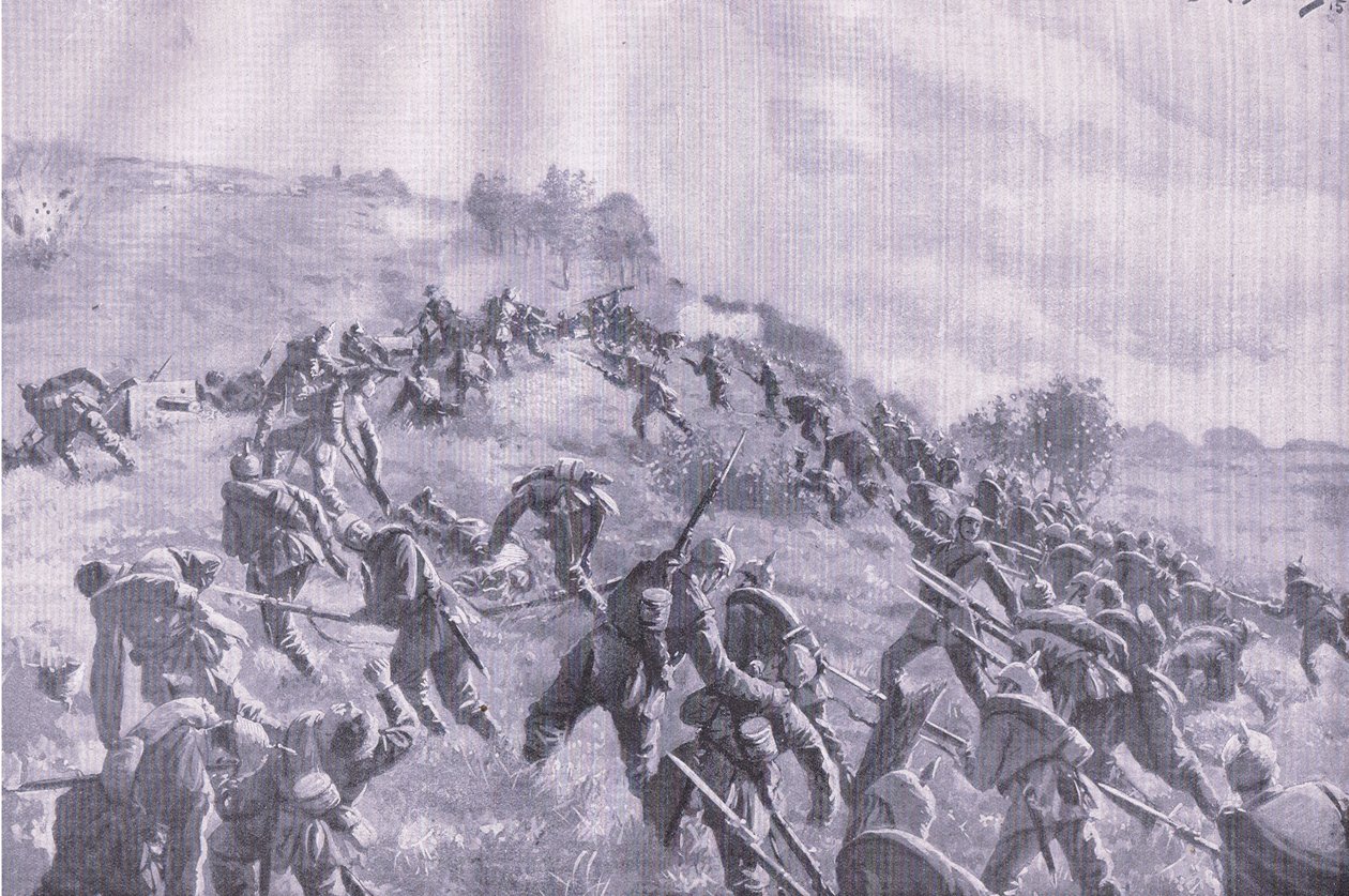 Szawlen takaisinvaltaaminen. Storming the harjun pubista The Illustrated History of the World War 1914-1915. kirjoittanut Union Berlagsefellfchaft tekijältä M. Barascudts