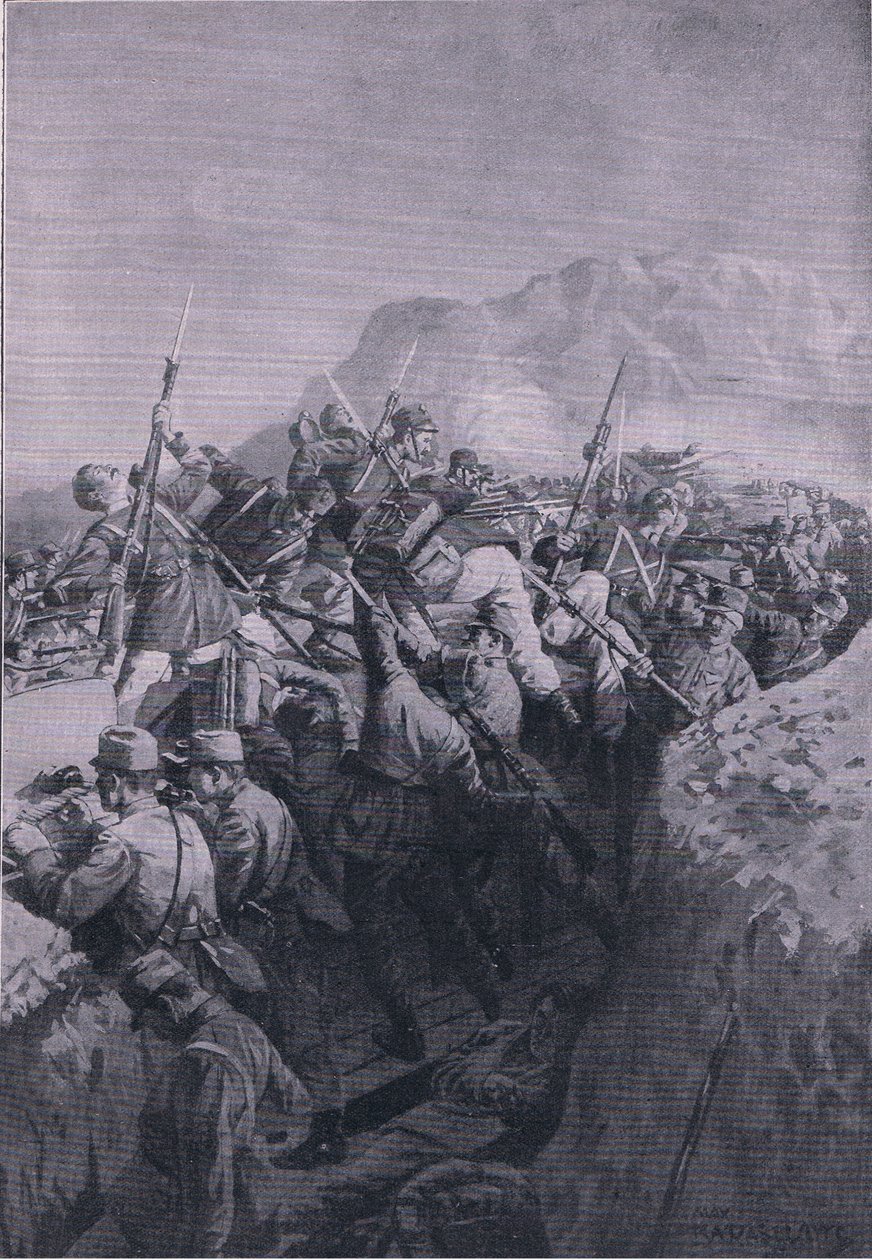 Italialaisten epäonnistunut hyökkäys Doberdon korkeuksiin, The Illustrated History of the World War 1914-1915 -pubista. kirjoittanut Union Berlagsefellfchaft tekijältä M. Barascudts