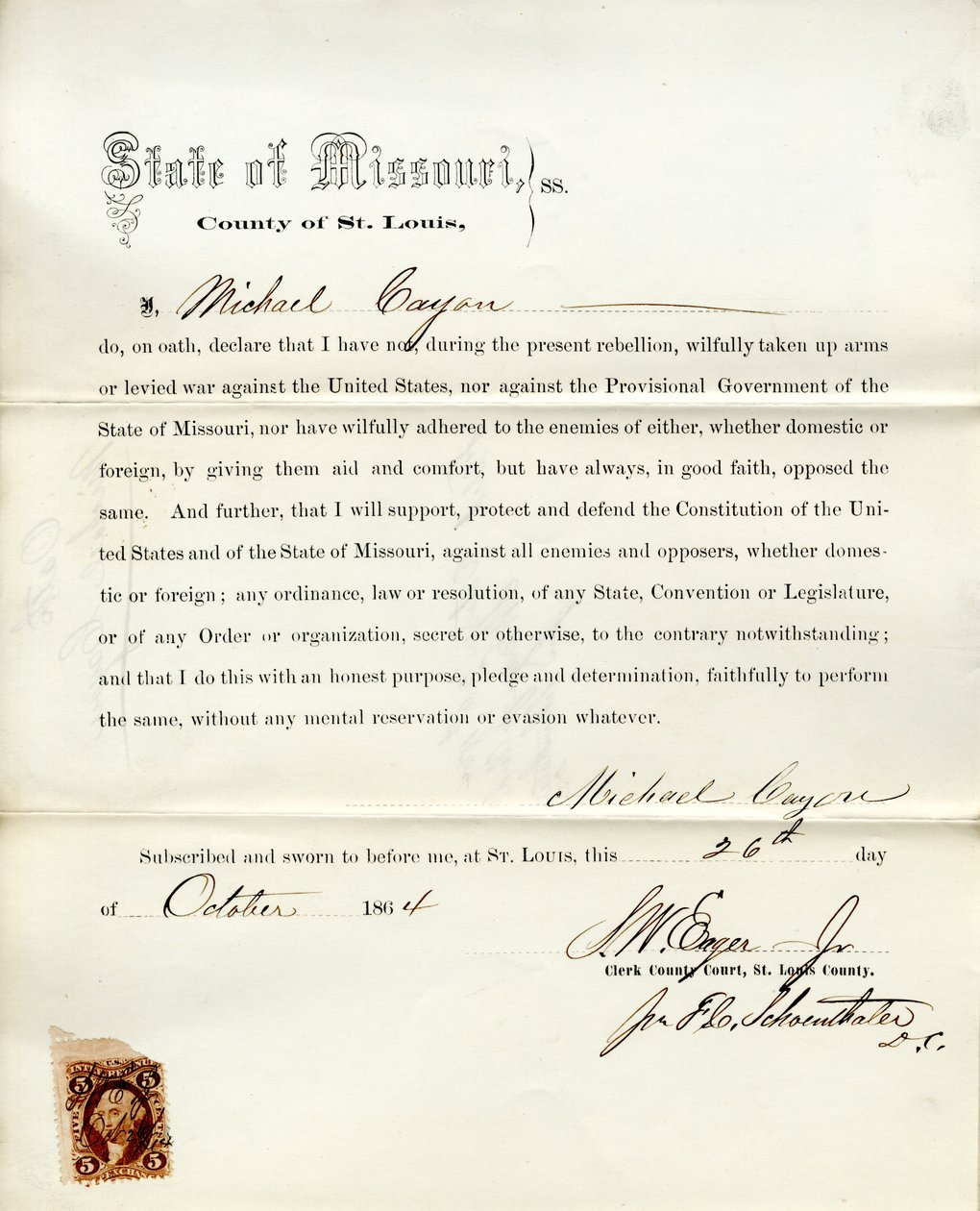 Michael Cayonin uskollisuusvala Missourista, St.Louisin kreivikunta tekijältä M. Cayon