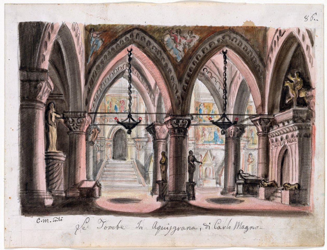 Le tombeau de Charlemagne a Aix-la-Chapelle - Lavastus Giuseppe Verdin Opera Ernanille - M. Conti (1810-1886). Akvarelli paperille Mitat : 22x29 cm Morgan Library & Museum, New York tekijältä M. Conti