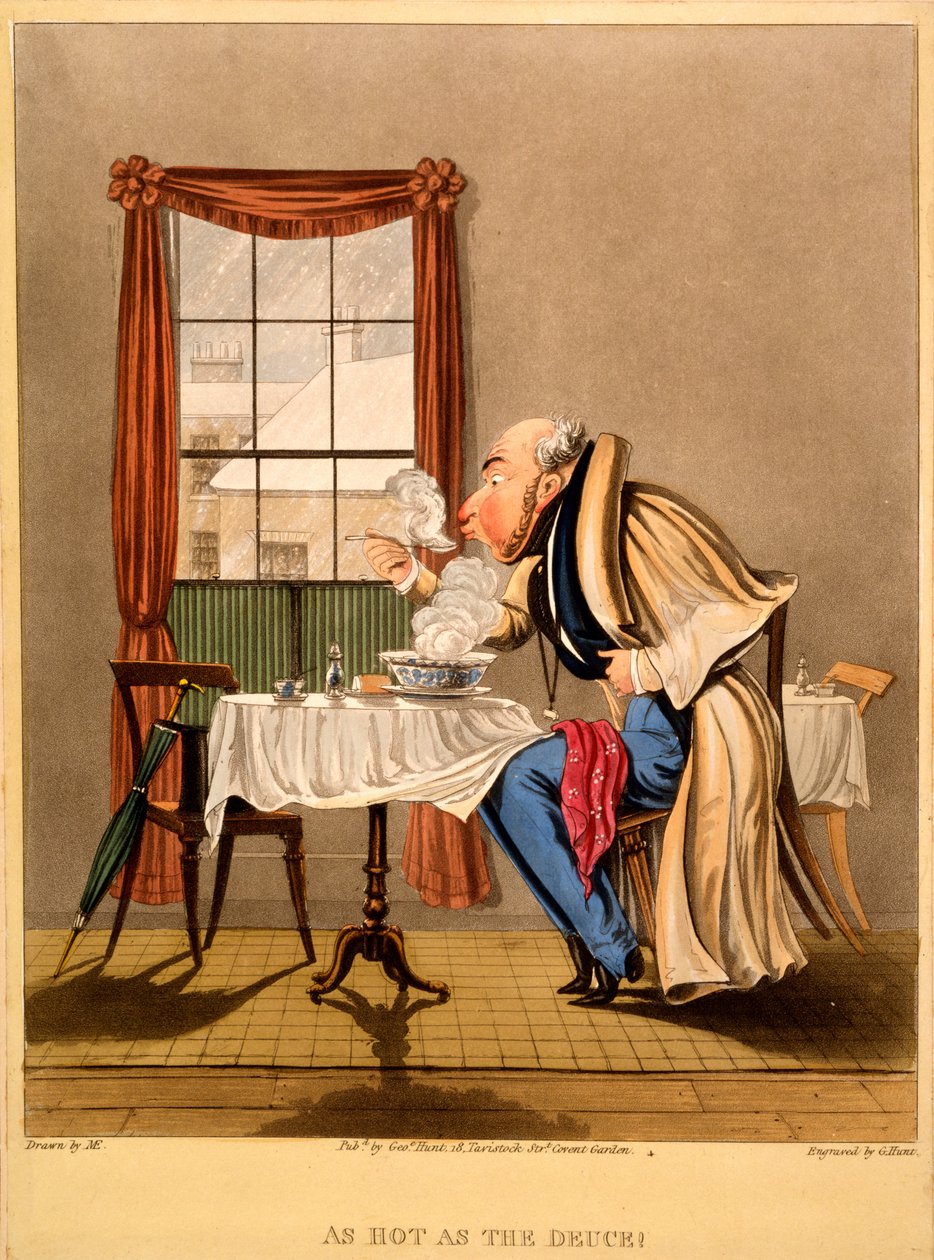 Kuuma kuin kakkonen!, George Huntin printti, 1827 (käsinvärinen kaiverrus) tekijältä M. Egerton