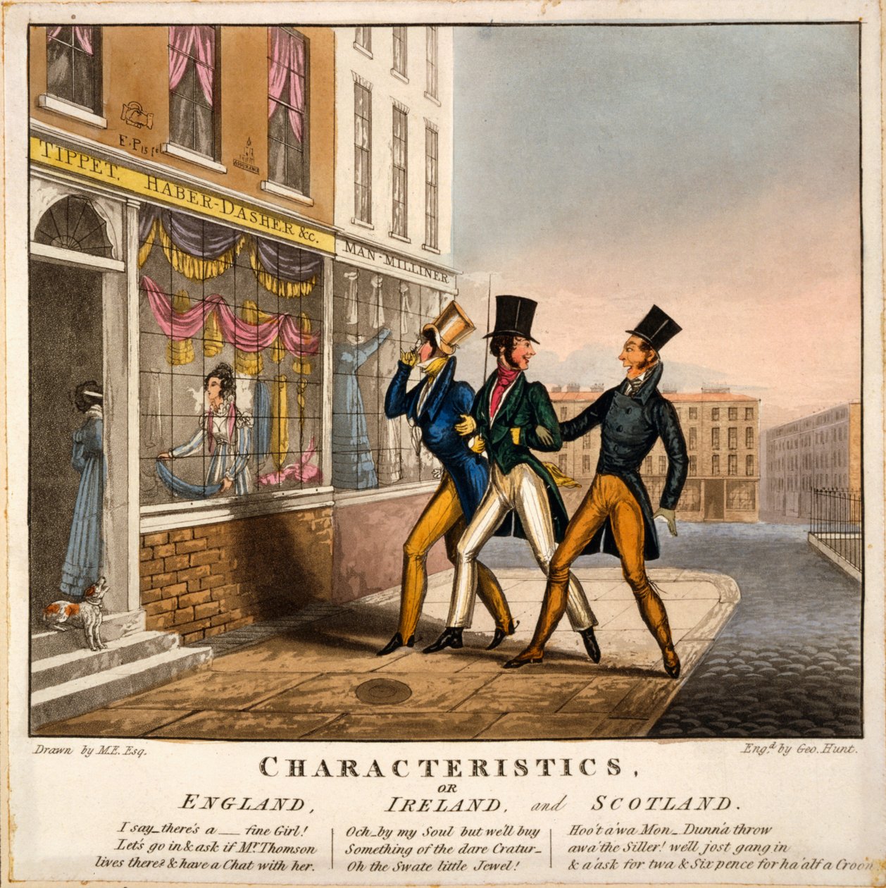Characteristics eli Englanti, Irlanti ja Skotlanti, George Huntin painatus, 1827 (käsinvärinen kaiverrus) tekijältä M. Egerton