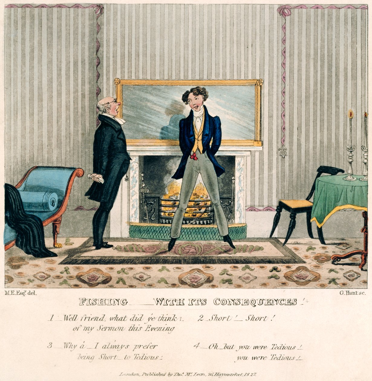 "Kalastus seurauksineen", kaiverrettu G. Hunt, julkaissut Lontoossa Thomas McClean, 1827 (käsinvärinen akvatinta) tekijältä M. Egerton