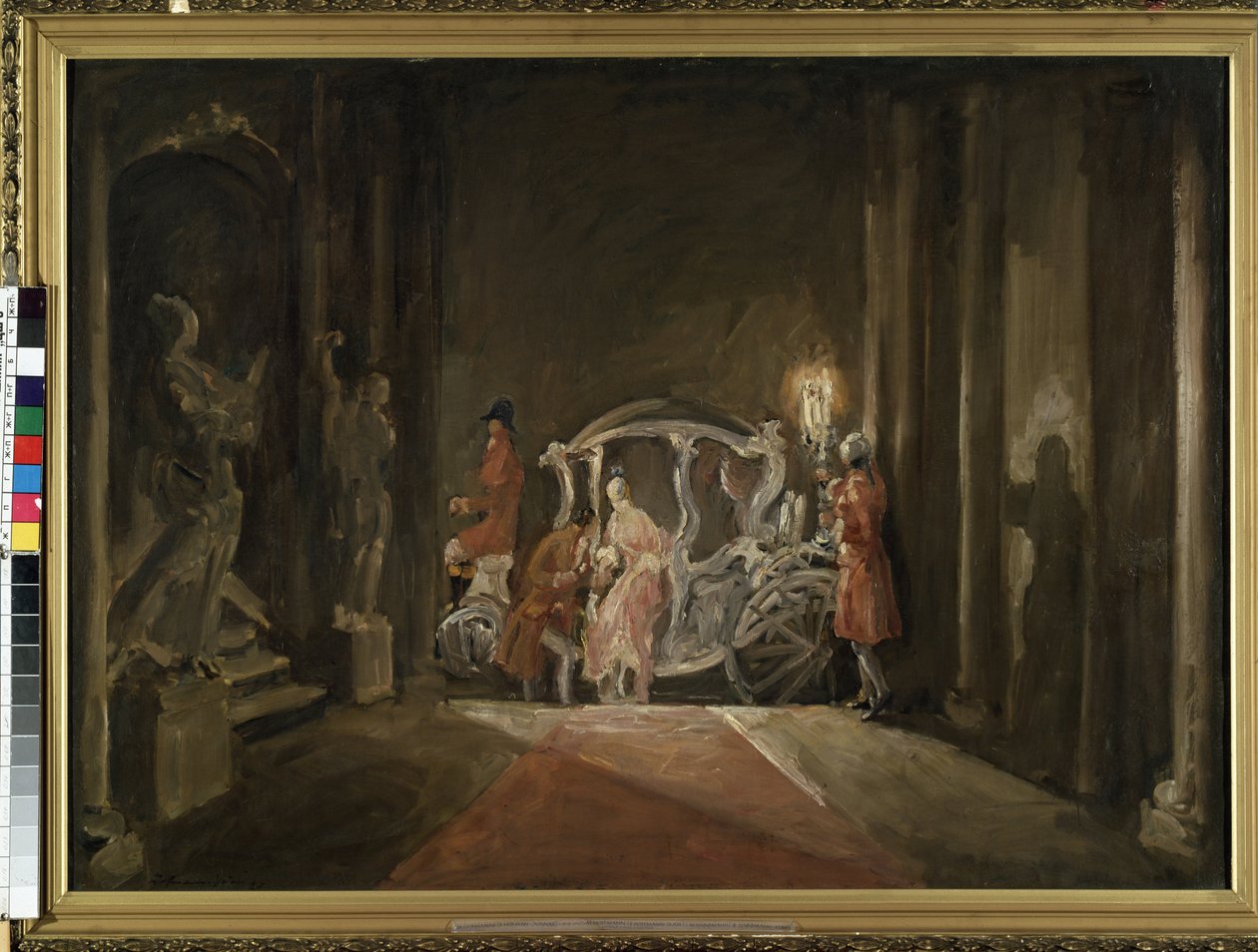 ""Une kutsuja"" (Vieras) Nuori nainen, joka muistuttaa Tuhkimoa, laskeutuu mystisesti vaunuista keskellä yötä. Max Friedrich Hofmannin (1873-1937) maalaus 1926 Mitat 116x161 cm Mikalojus Konstantinas Ciurlionisin taidemuseo, Kaunas, lit. tekijältä M. F. Hofmann
