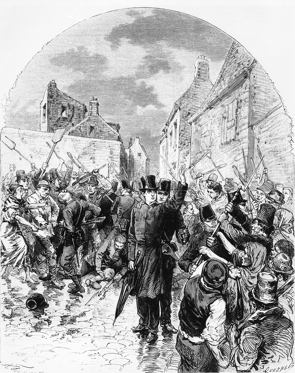 Mellakat Irlannissa – Ihmiset pelastivat Mullingarissa poliisin pidättämän katolisen papin Le Monde Illustrésta, 25. kesäkuuta 1881 tekijältä M. Ferdinandus