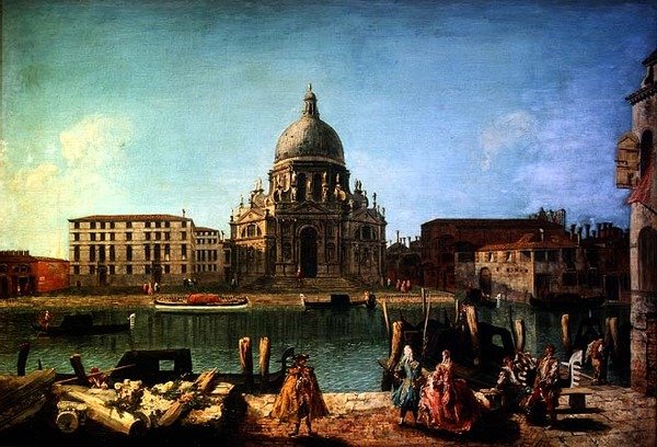 S. Maria della Salute Rio de San Moisesta Venetsiasta, aatelisto ja gondolierit etualalla tekijältä M. and Guardi G.A. Marieschi