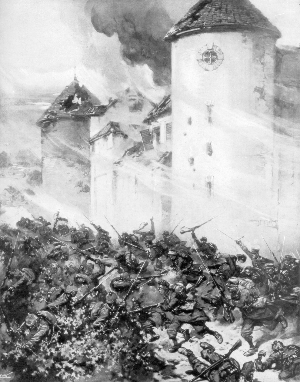 Ranskalaiset ja saksalaiset taistelevat Chateau de Mondementin muurien alla Ranskassa, 1914. tekijältä M. H. W. Koekkok