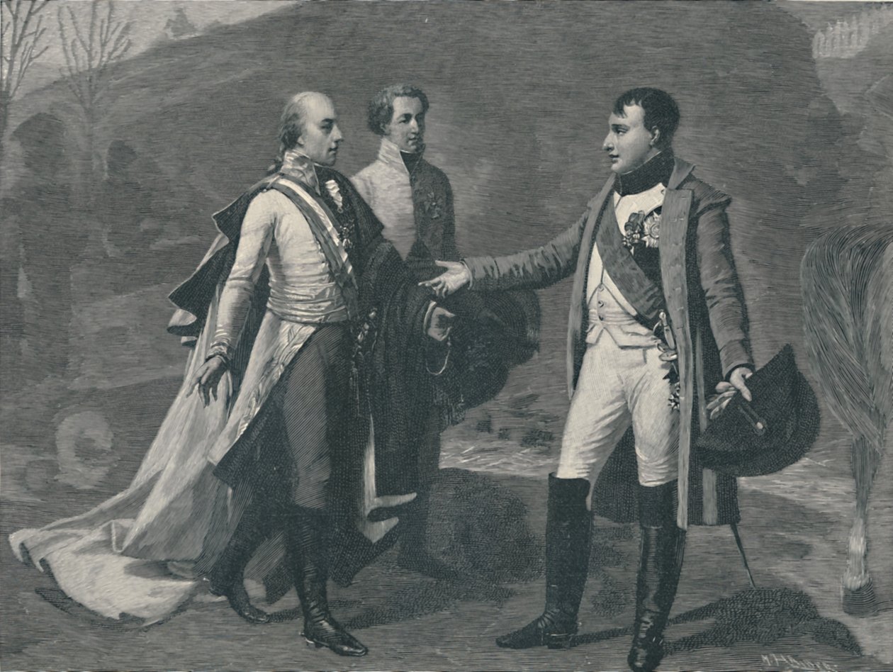 Napoleonin ja Francis I:n tapaaminen Austerlitzin jälkeen, 1805, 1896 tekijältä M. Haider