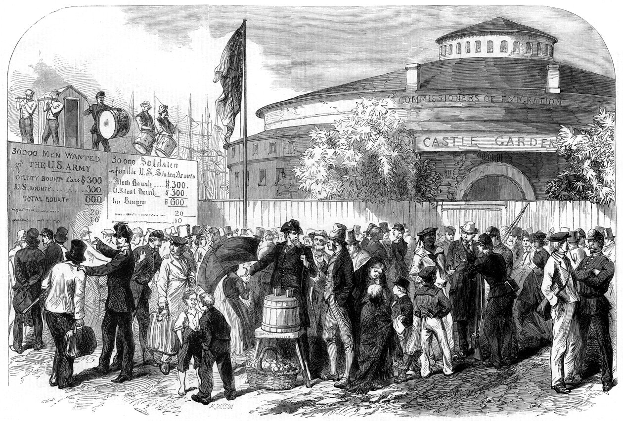 Irlantilaisten ja saksalaisten emigranttien värvääminen Batteryyn, New York, USA, 1864. tekijältä M. Jackson