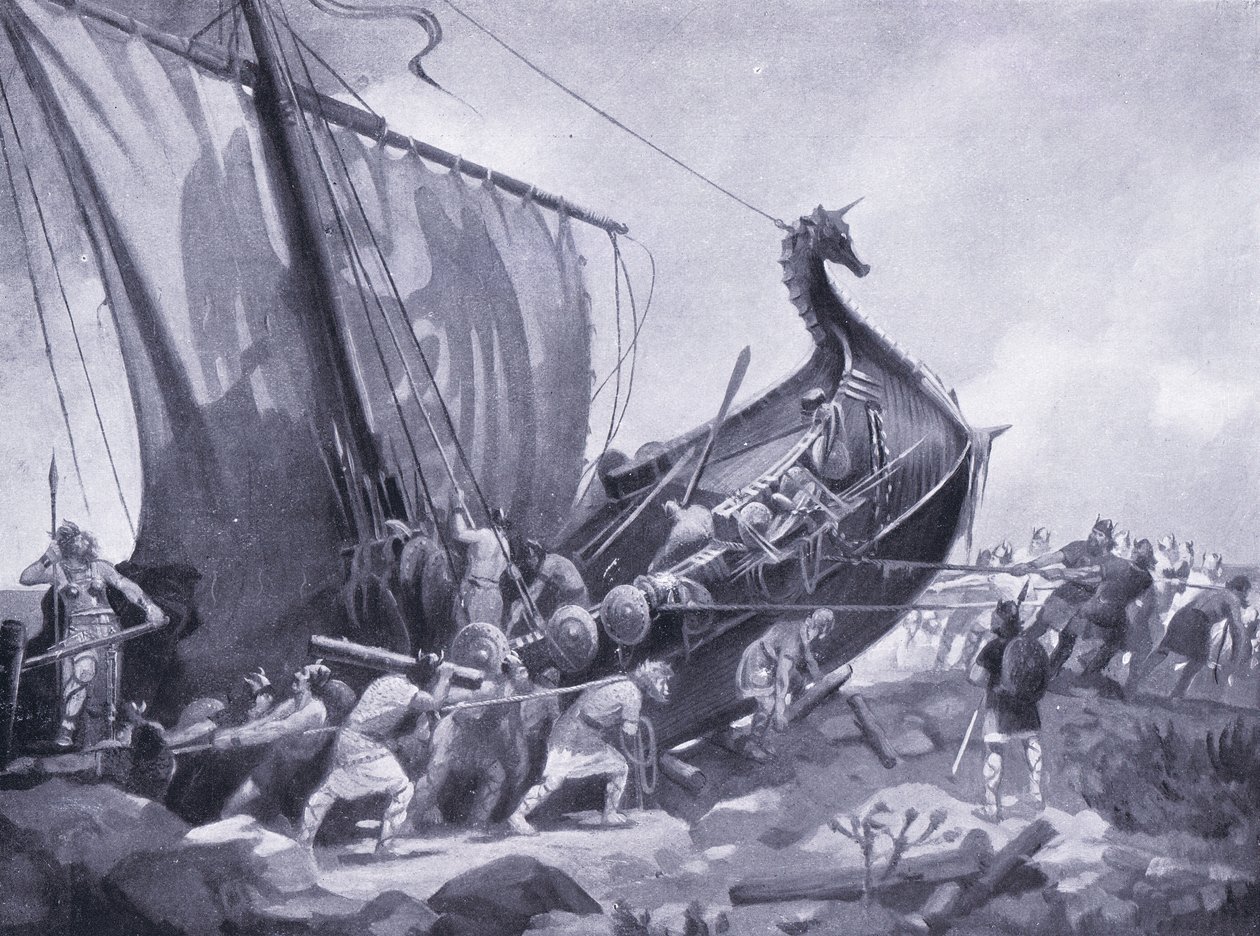 Magnus purjehtii Mull of Kintyren ympäri AD1098, 1920-luku tekijältä M. Mackinlay