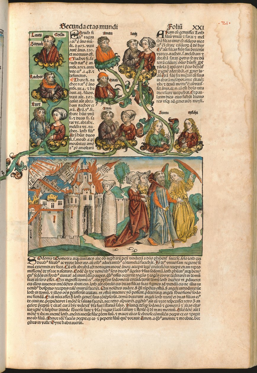 Labanin sukupuu, Hartmann Schedelin (1440-1514) Nürnbergin kronikasta, painettu vuonna 1493 (puupiirros) tekijältä M. and Pleydenwurff W. Wolgemuth