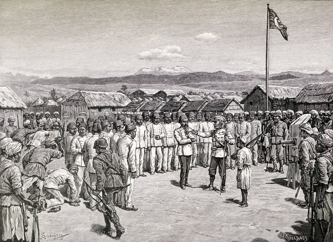 Sir Henry Morton Stanley puhuu kapinallisille upseereille Kavallissa, 1890 (puukaiverrus) tekijältä M. Schonberg