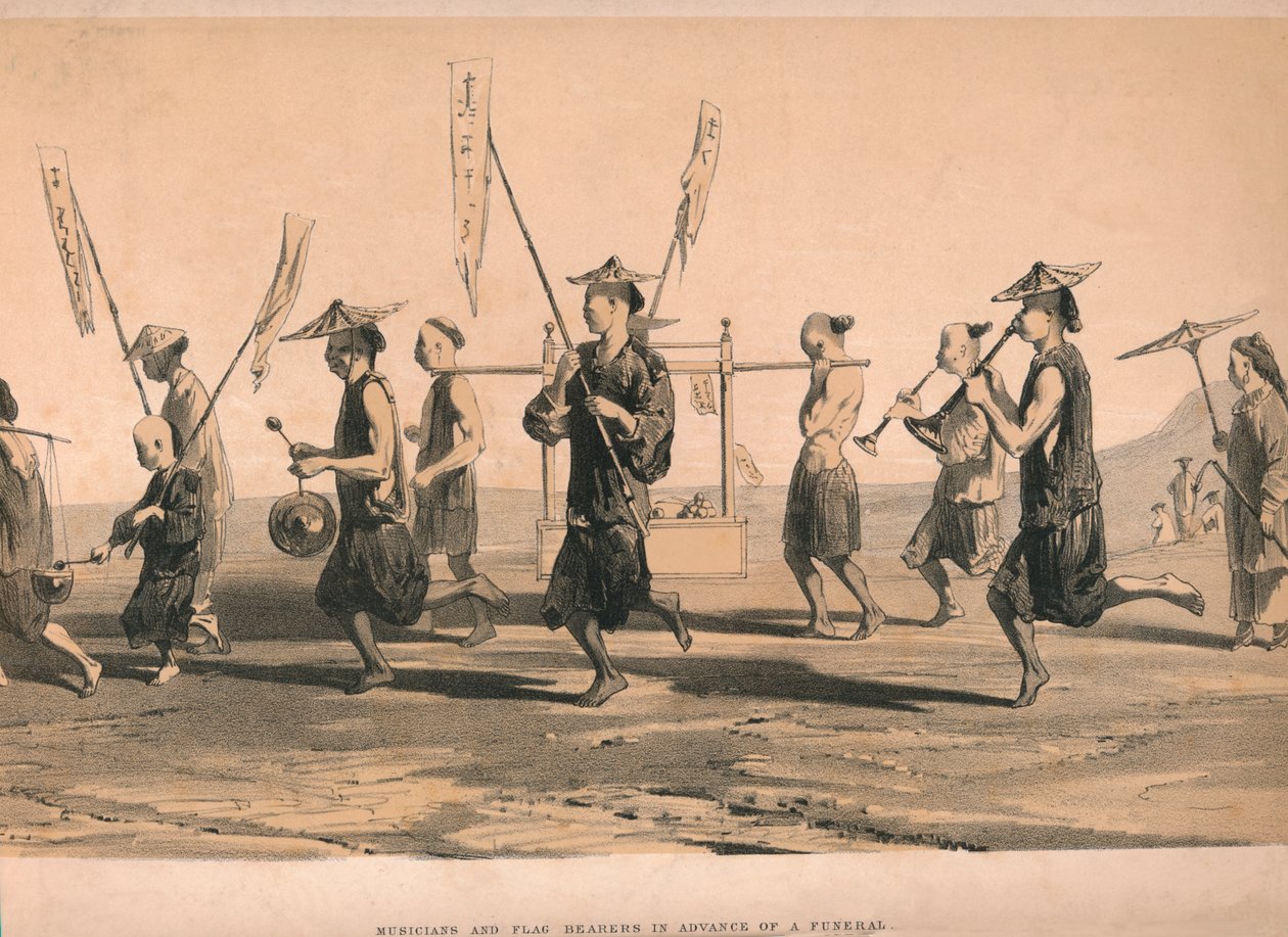 "Muusikat ja lipunkannattajat ennen hautajaisia", n. 1860. tekijältä M and N Hanhart