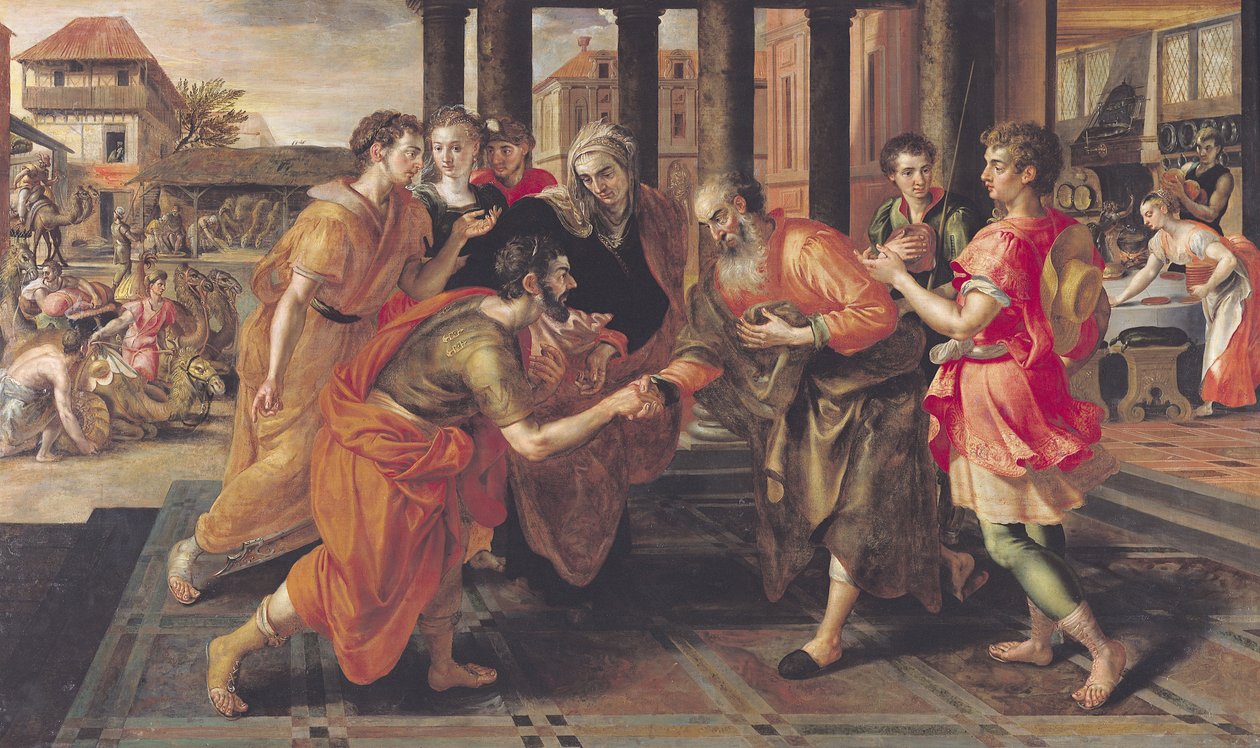 Laban esittelee Eliezerin isälleen, 1562 tekijältä Maarten de Vos