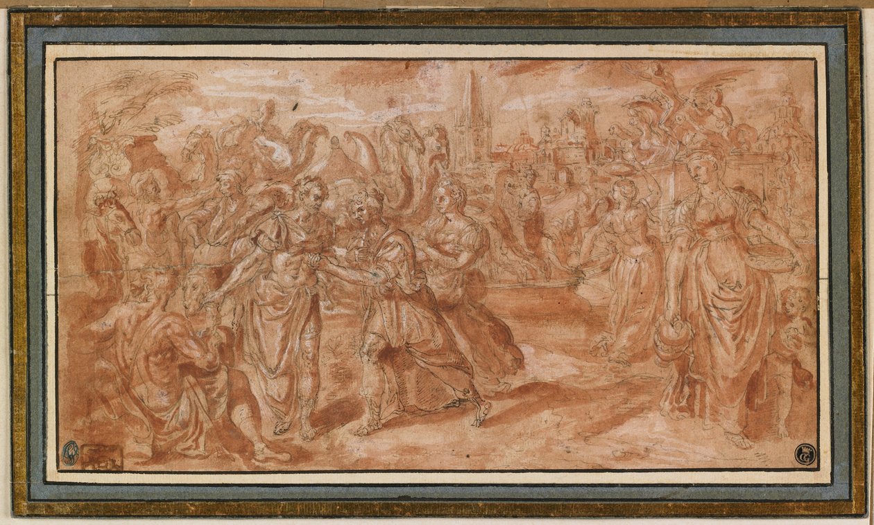 Laban ja Rebecca vastaanottavat Eliezeriä, 1561-62 (kynä ja ruskea muste punaisella pesulla ja valkoisella korosteella) tekijältä Maarten de Vos